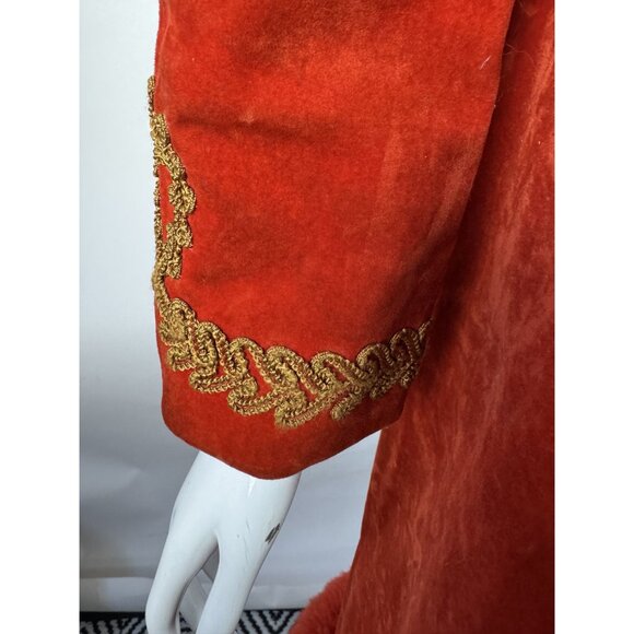 Vintage 70s Red Velvet Penny Lane Coat W/ Gold Embroidery & faux Fur Trim Hood - Picture 10 of 16